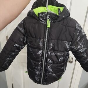 Black and Neon Green Dino Skeleton Puffer Jacket